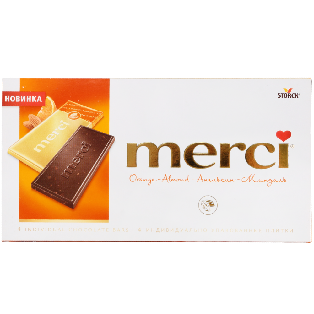 Шо­ко­лад «Merсi» горь­кий, с соком апель­си­на и ку­соч­ка­ми мин­да­ля, 100 г