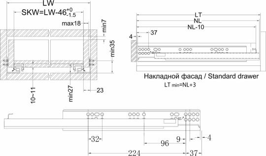 3D Направляющие cкрытого монтажа L-550 с системой плавного закрывания, нагрузка до 45кг, 16-18 mm, AKS PLUS