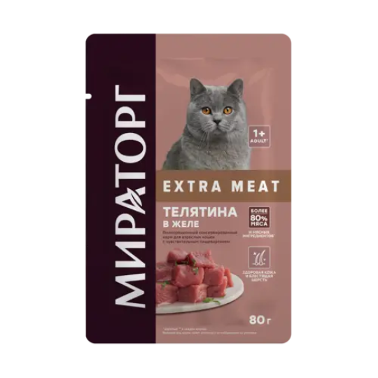 Уп-ка корм "Мираторг" Extra Meat для кошек с чувствительным пищеварением с телятиной в желе, 24х80 г (1,92кг)