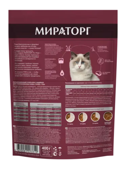 Сухой корм "Мираторг" Pro Meat с индейкой для стерилизованных кошек старше 1 года, 400гр.