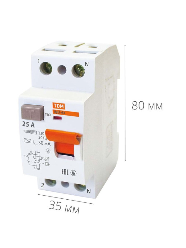 Устройство защитного отключения (УЗО) 2П 25А 30мА ВД1-63 TDM SQ0203-0008