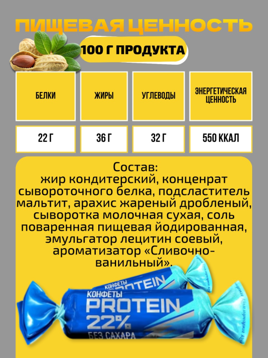 Протеиновые конфеты без сахара PROTEIN 22%. 200 гр