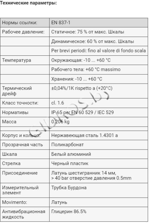 Манометр радиальный 63 мм 1/4" BSP 0-315 MFI6304315V