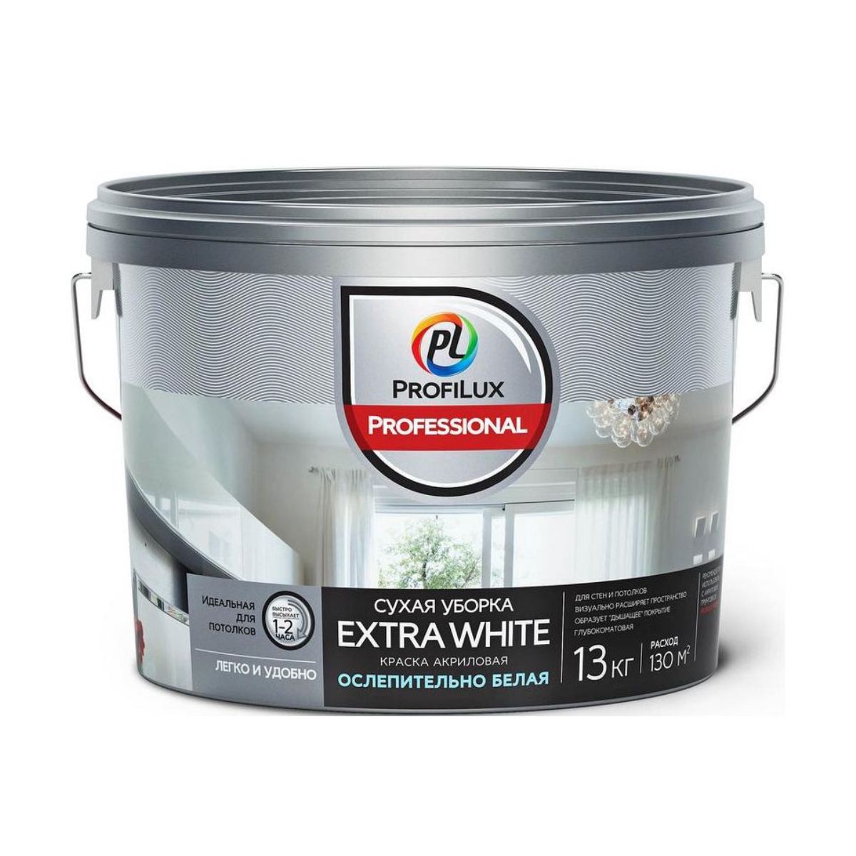 Ослепительно белая акриловая краска для потолка, для стен Profilux Professional EXTRA WHITE СУХАЯ УБОРКА, матовая, 13 кг