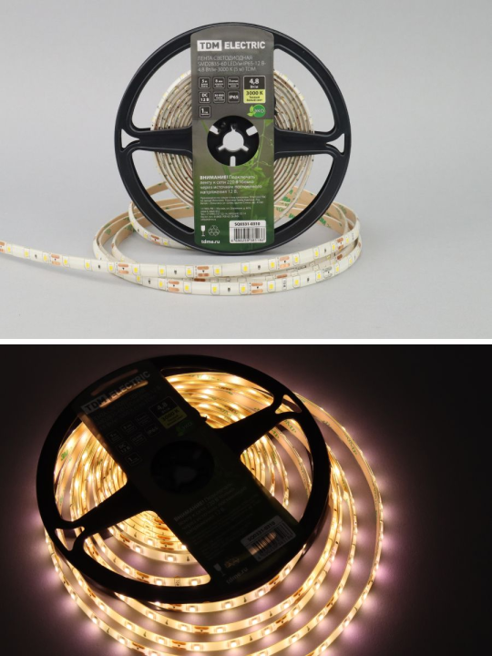 Лента светодиодная SMD2835-60 LED/м-IP65-12 В-4,8 Вт/м-3000 К (5 м) TDM SQ0331-0310(5)