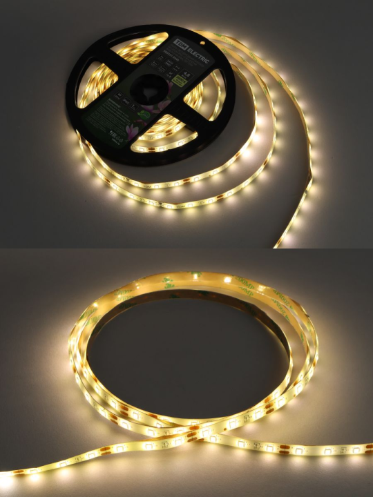 Лента светодиодная SMD2835-60 LED/м-IP65-12 В-4,8 Вт/м-3000 К (5 м) блистер TDM SQ0331-0340(5)