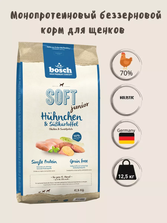 Полувлажный корм для щенков Bosch SOFT Junior (Бош Софт Цыпленок с бататом) 12.5кг