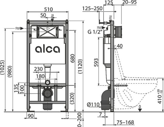 Комплект инсталляции AlcaPlasta AM101/1120 + Кнопка m671 хром, толщина 5 мм