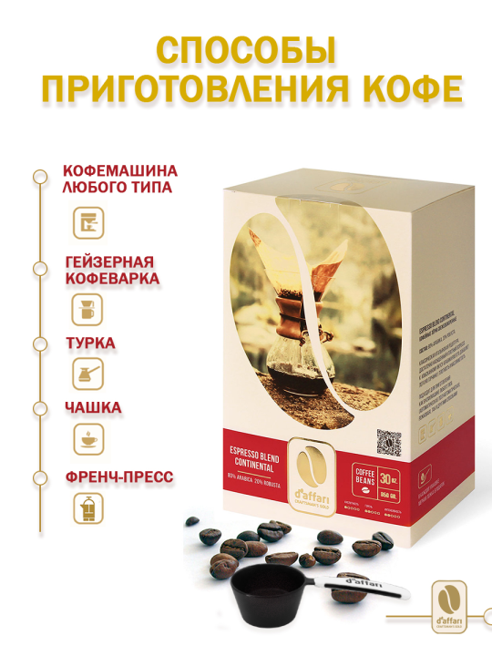 Кофе в зернах D'Affari - Espresso blend Continental, (Arabica 80%, Robusta 20%) 850 г. / Кофе Даффари - Эспрессо Бленд Континенталь, (Арабика 80%, Робуста 20%) 850г, + мерная ложка в подарок