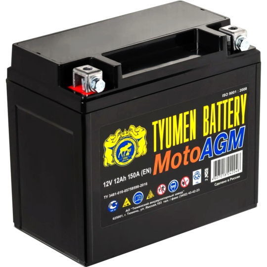 Мотоаккумулятор «Tyumen Battery» YTX12 12Ah, 150A, БП000005425, 150х86х130 мм