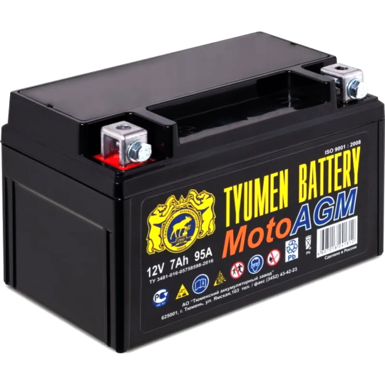 Мотоаккумулятор «Tyumen Battery» YTX7 7Ah, 95A, 00000007301, 150х85х94 мм