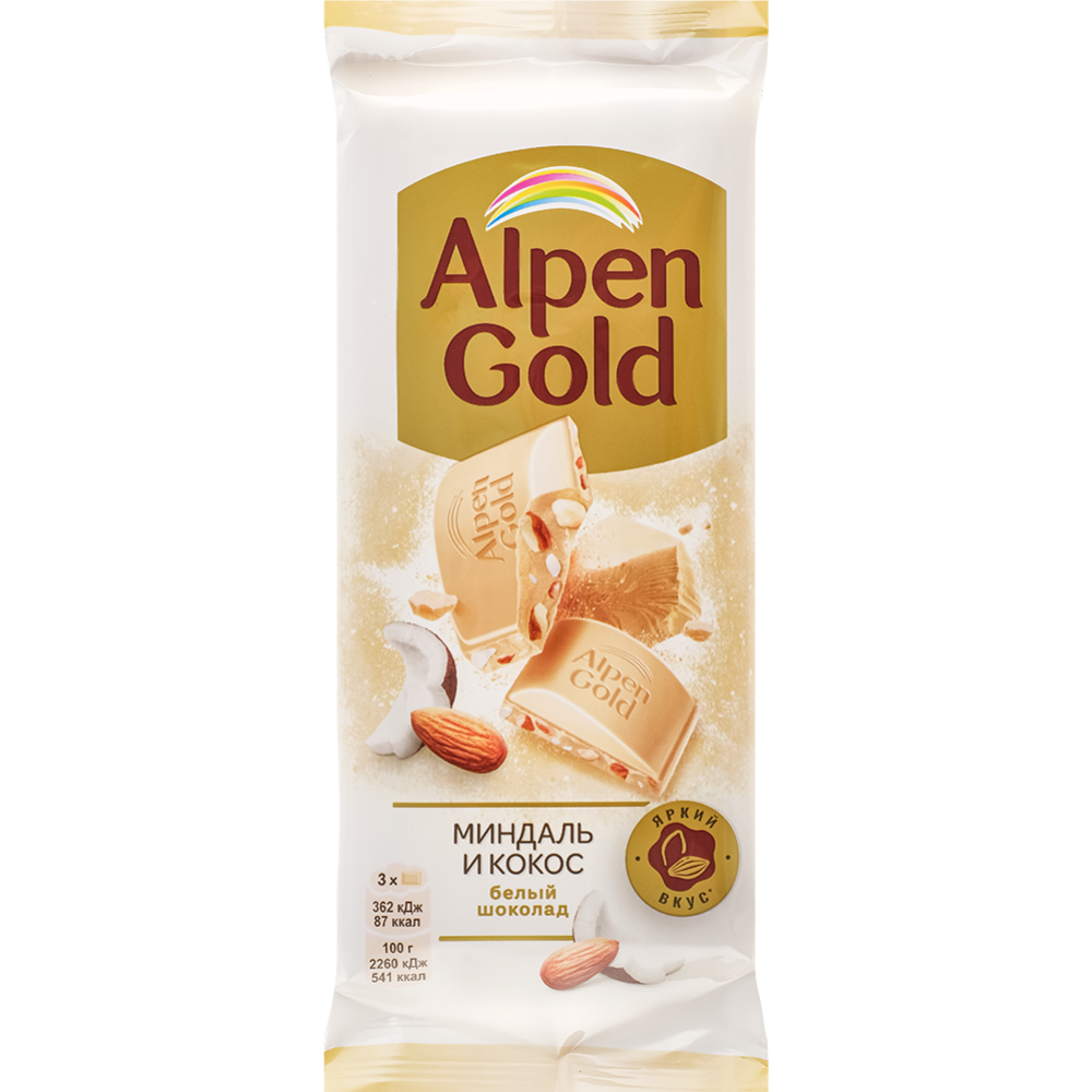 Шоколад белый «Alpen Gold» с миндалем и кокосовой стружкой, 80 г #0