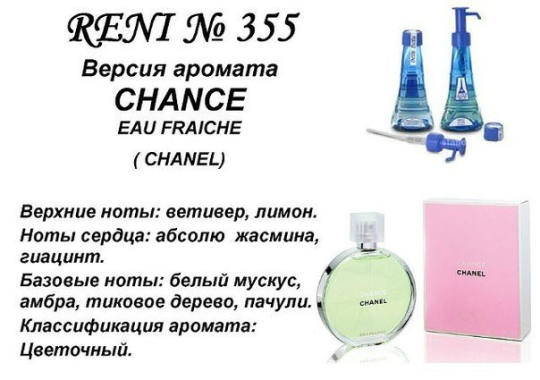 Наливная парфюмерия Reni #355 Аромат направления Chance Eau Fraiche (Chanel) 5  мл. (копия)