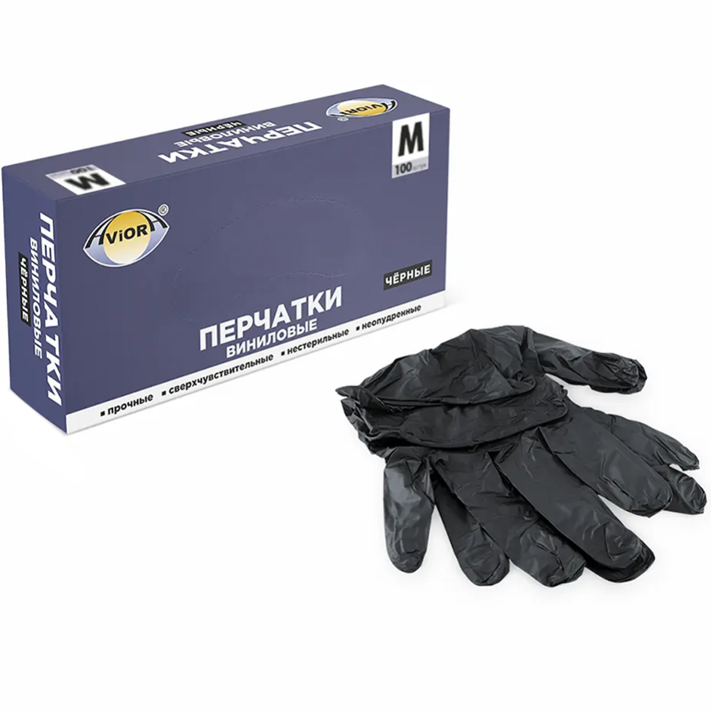 Перчатки виниловые чёрные, размер M, 100 штук.