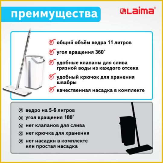 Комплект для уборки: швабра, ведро 11 л/9 л двухкамерное с отжимом, насадка МОП, PRO CLEAN, LAIMA, 607979