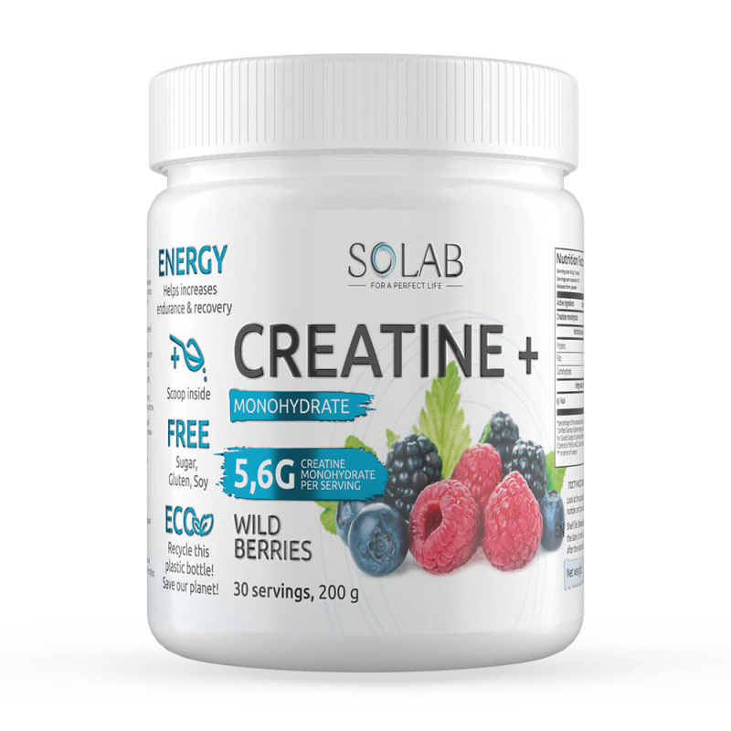 SOLAB / Креатин моногидрат, Creatine Monohydrate, Вкус Лесные Ягоды, Банка 200 гр. 30 порций.