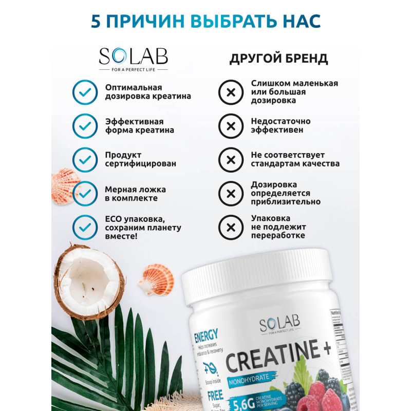 SOLAB / Креатин моногидрат, Creatine Monohydrate, Вкус Лесные Ягоды, Банка 200 гр. 30 порций.