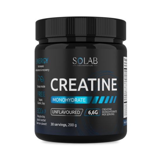 SOLAB / Креатин моногидрат, Creatine Monohydrate, Вкус Нейтральный, Банка 200 гр. 30 порций.