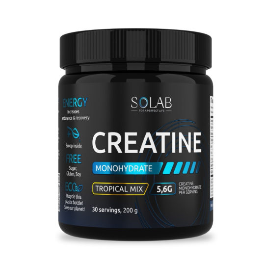 SOLAB / Креатин моногидрат, Creatine Monohydrate, Вкус Тропический микс, Банка 200 гр. 30 порций.