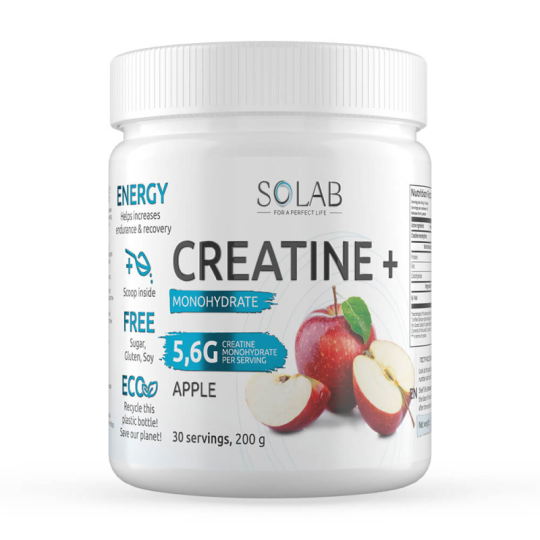 SOLAB / Креатин моногидрат, Creatine Monohydrate, Вкус Яблоко, Банка 200 гр. 30 порций.