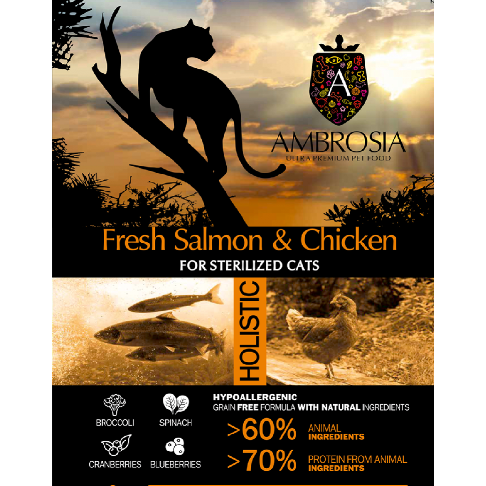Корм для кошек «Ambrosia» Grain Free, для стерилизованных, лосось/курица, 1.5 кг