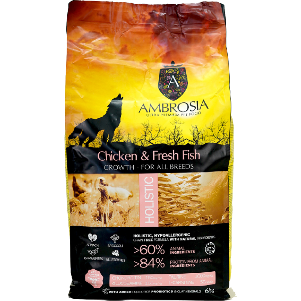 Корм для щенков «Ambrosia» Grain Free, для всех пород, курица/рыба, 6 кг