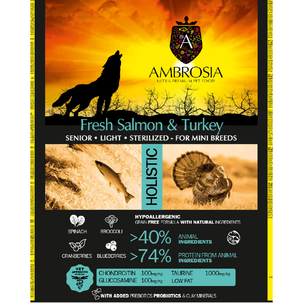 Корм для собак «Ambrosia» Grain Free, для пожилых собак мини-пород, лосось/индейка, 5 кг