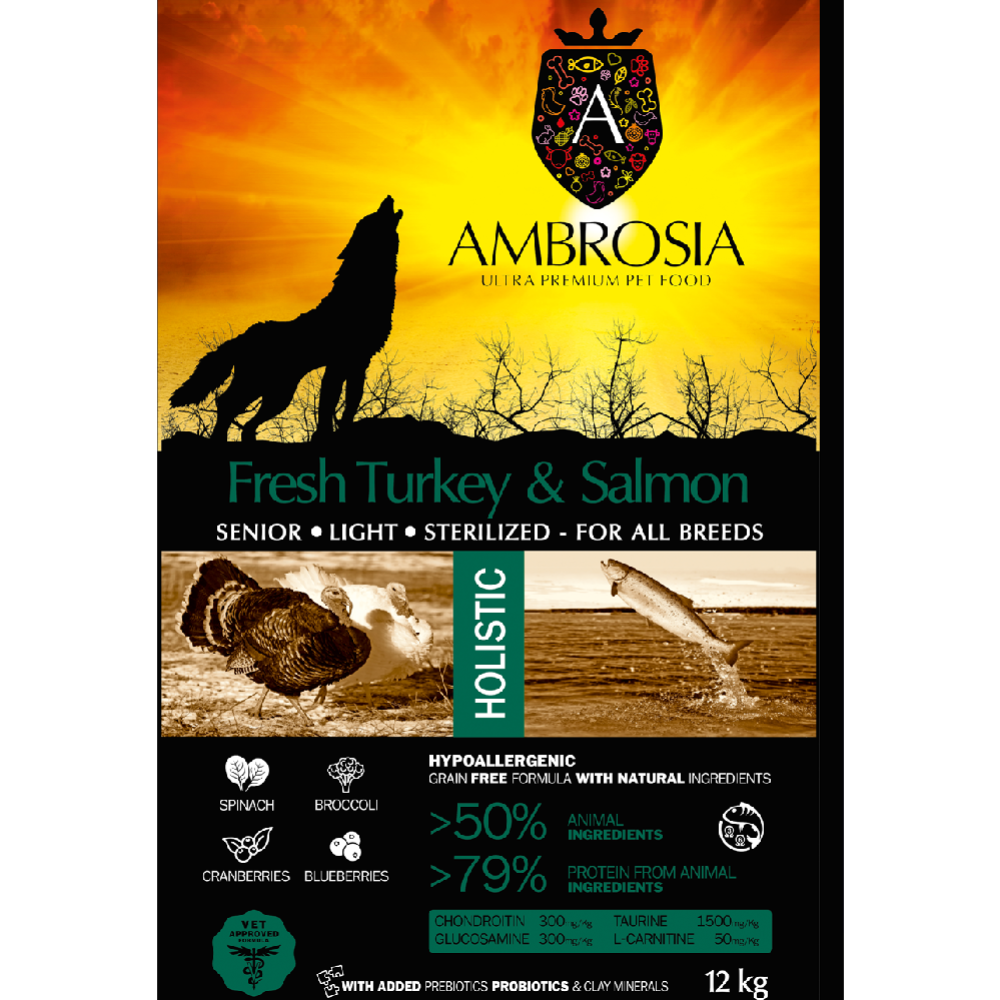 Корм для собак «Ambrosia» Grain Free, для пожилых с избыточным весом, индейка/лосось, 12 кг