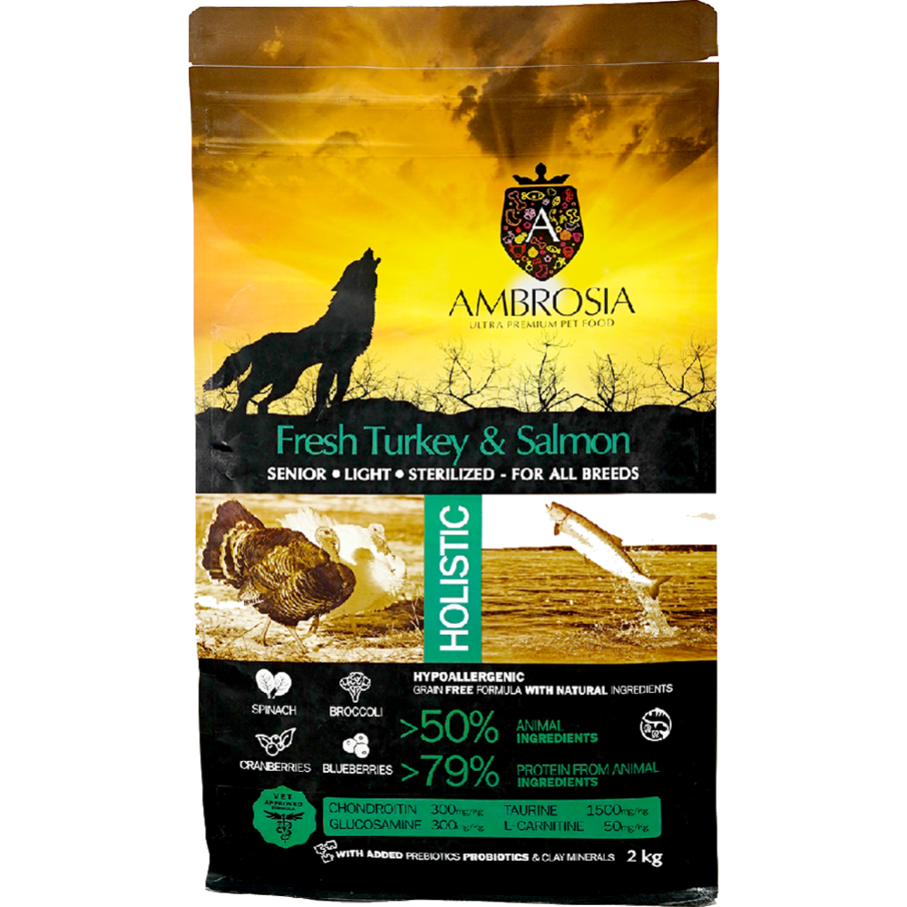 Корм для собак «Ambrosia» Grain Free, для пожилых с избыточным весом, индейка/лосось, 2 кг