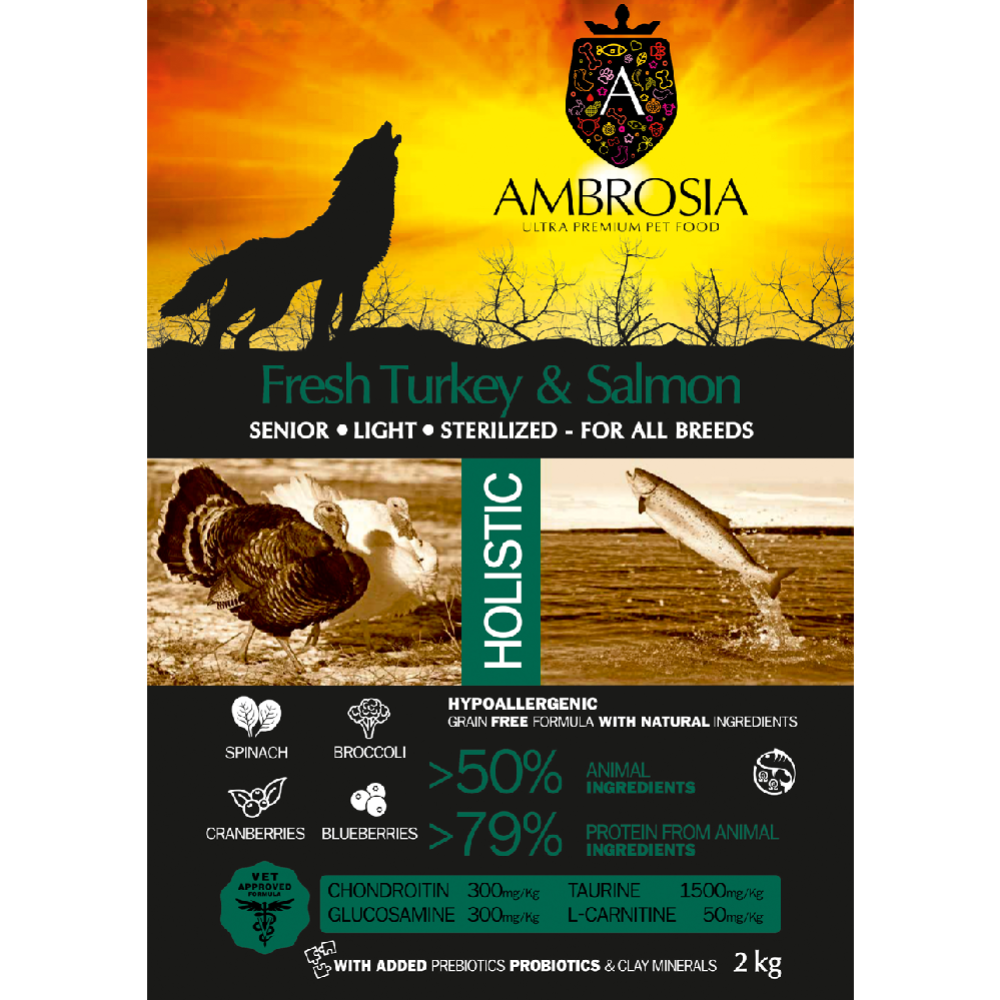 Корм для собак «Ambrosia» Grain Free, для пожилых с избыточным весом, индейка/лосось, 2 кг