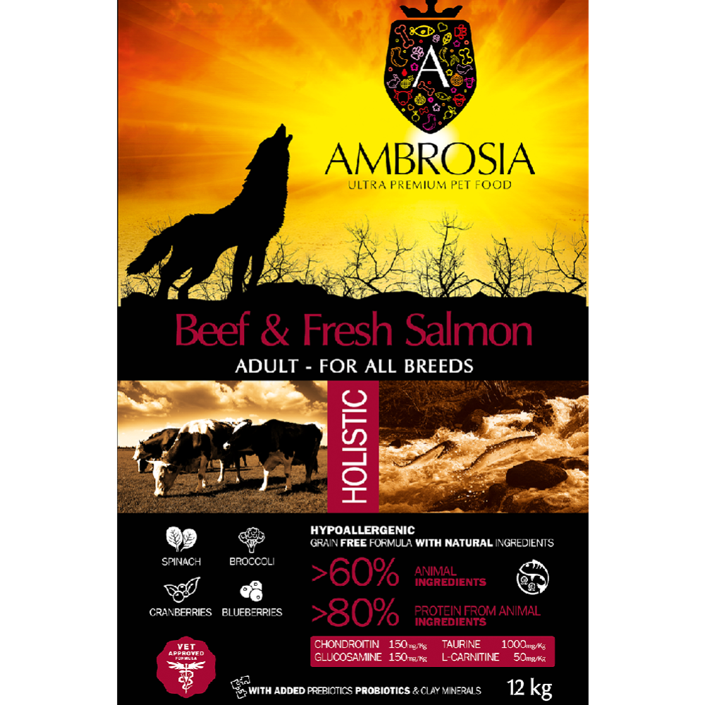 Корм для собак «Ambrosia» Grain Free, для всех пород, говядина/лосось, 12 кг