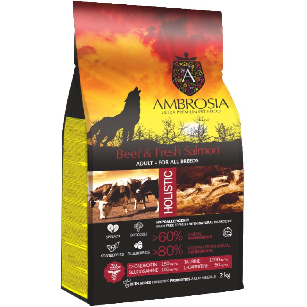 Корм для собак «Ambrosia» Grain Free, для всех пород, говядина/лосось, 2 кг