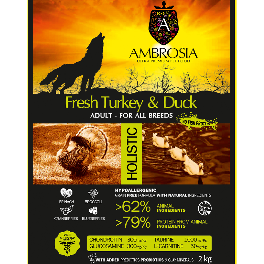 Корм для собак «Ambrosia» Grain Free, для всех пород, индейка/утка, 2 кг