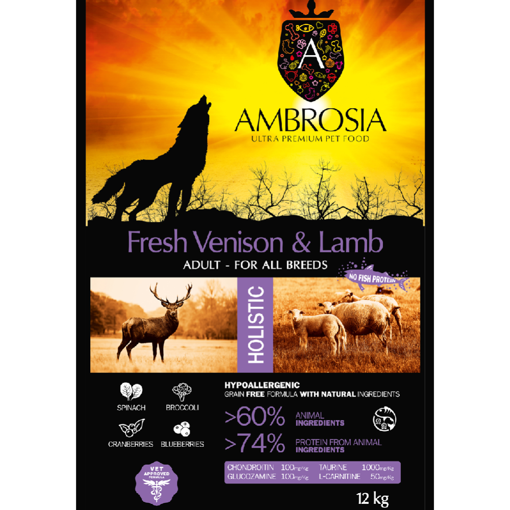 Корм для собак «Ambrosia» Grain Free, для всех пород, оленина/ягненок, 12 кг