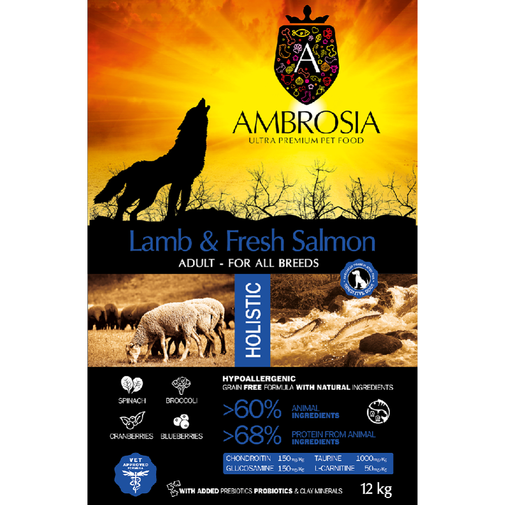 Корм для собак «Ambrosia» Grain Free, для всех пород, ягненок/лосось, 12 кг