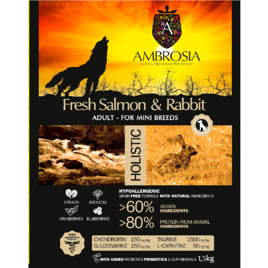 Корм для собак «Ambrosia» Grain Free, для мелких пород, лосось/кролик, 1.5 кг