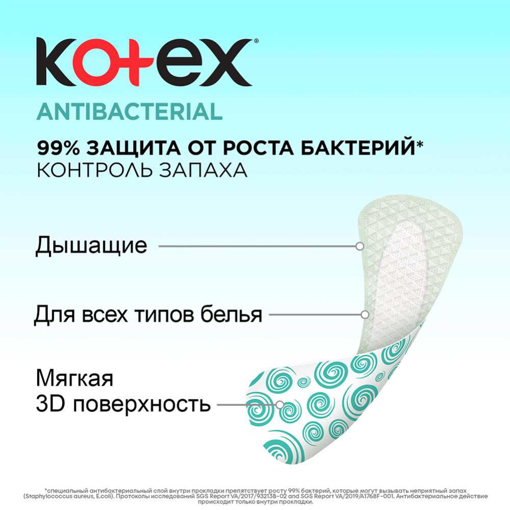  Ежедневные прокладки «Kotex» женские, Antibacterial, экстра тонкие, 40 шт