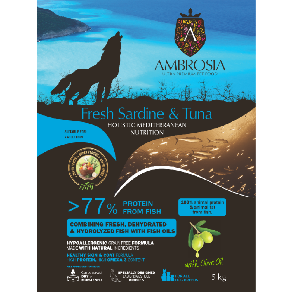 Корм для собак «Ambrosia» монопротеиновый, Mediterranean, для взрослых собак всех пород, сардина и тунец, 5 кг