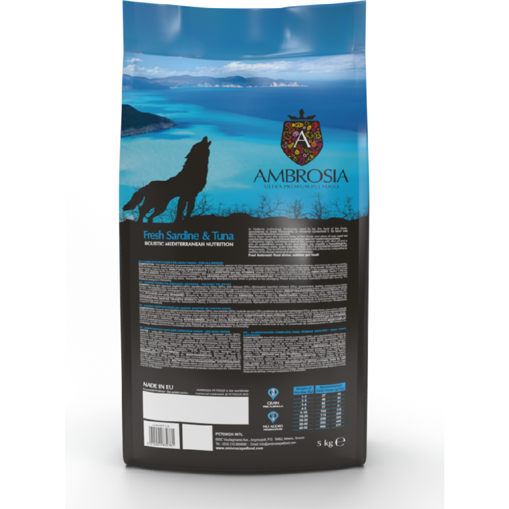 Корм для собак «Ambrosia» монопротеиновый, Mediterranean, для взрослых собак всех пород, сардина и тунец, 5 кг