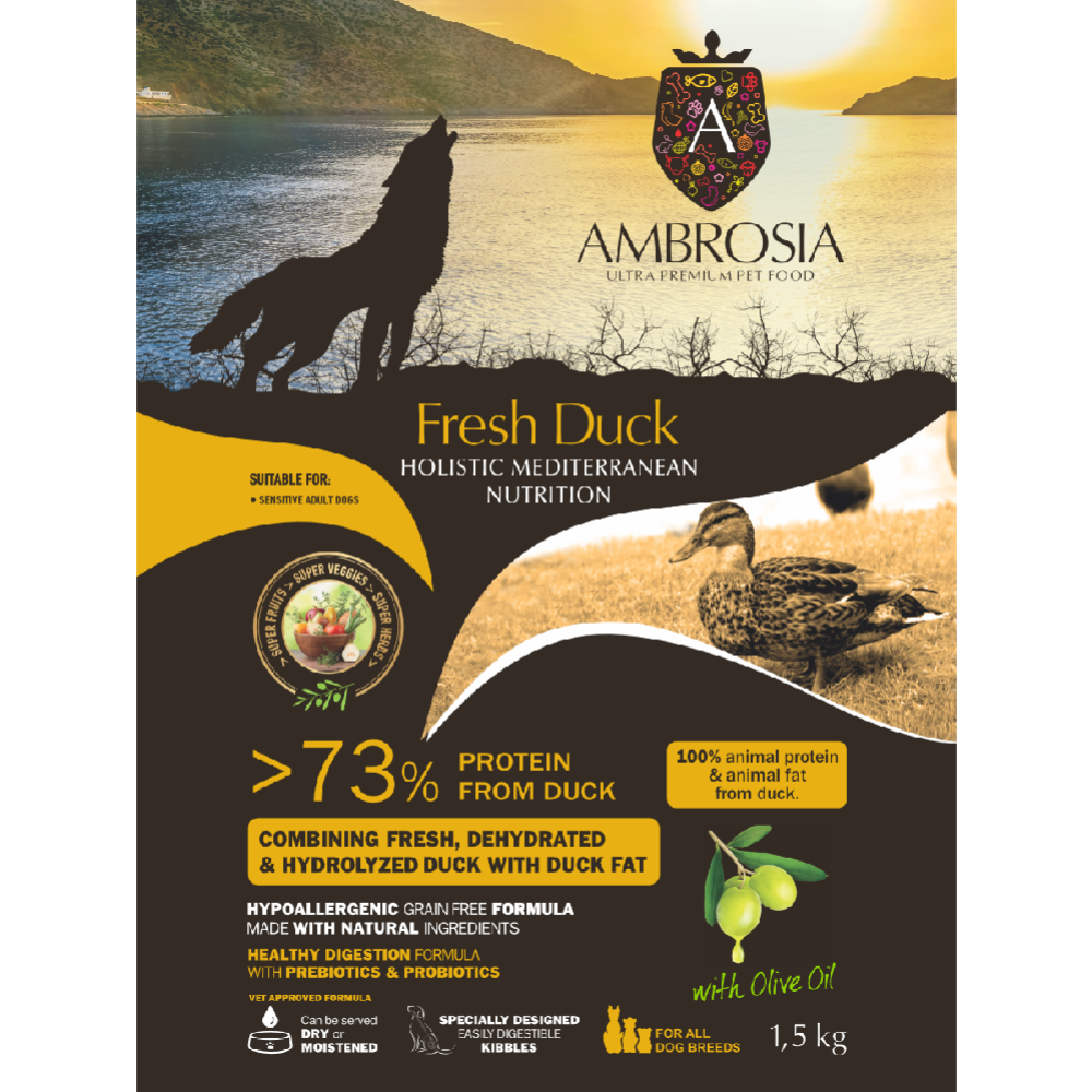 Корм для собак «Ambrosia» монопротеиновый, Mediterranean, для взрослых собак всех пород, свежая утка, 1.5 кг