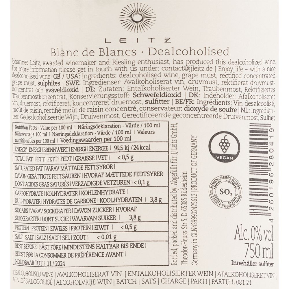 Вино безалкогольное «Leitz» Eins-Zwei-Zero Blanc de Blancs, натуральное, белое, 0.75 л