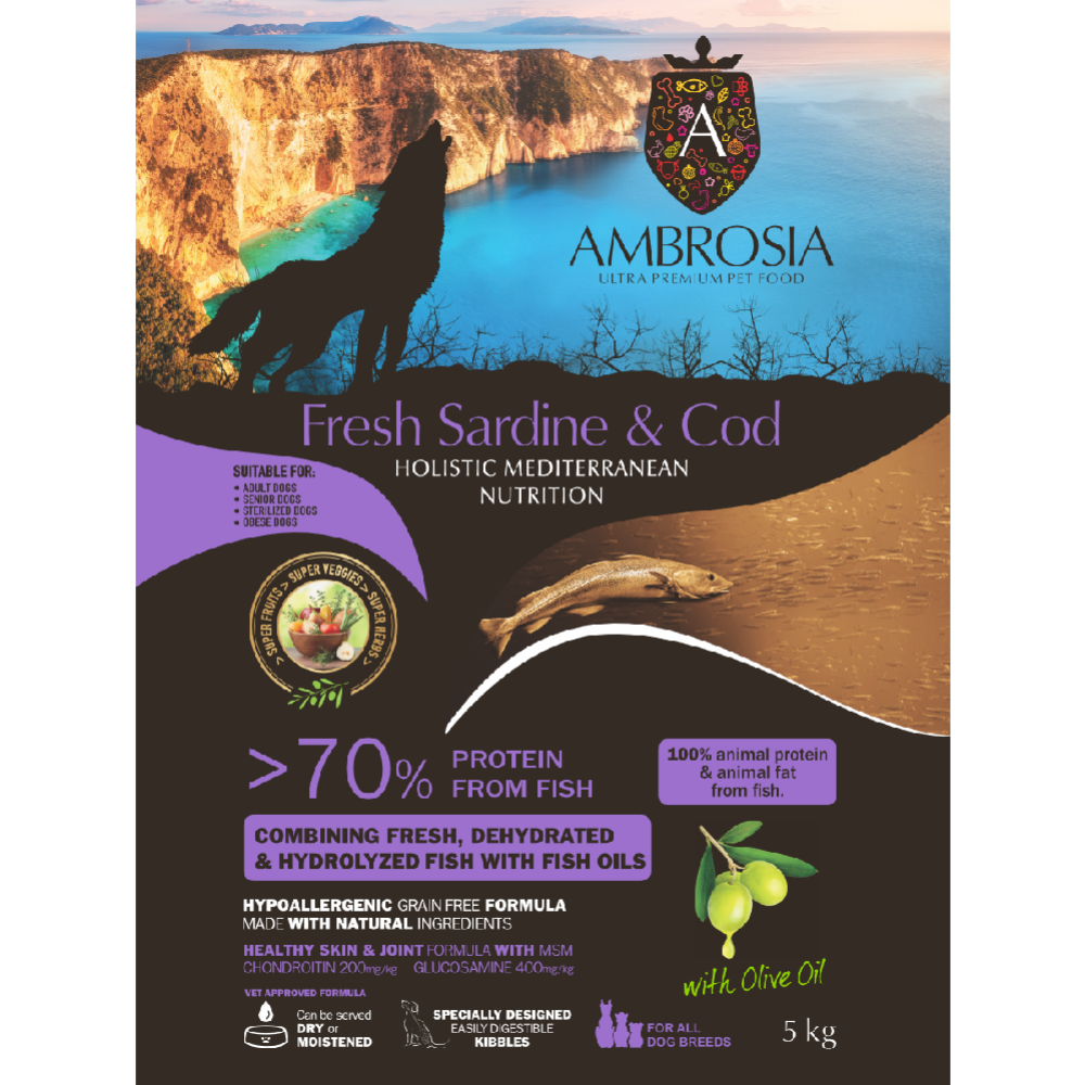 Корм для собак «Ambrosia» монопротеиновый, Mediterranean, для взрослых собак с ожирением и стерилизированных, сардина и треска, 5 кг