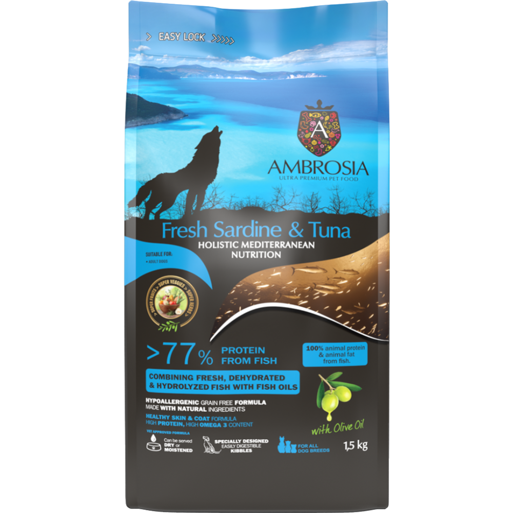 Корм для собак «Ambrosia» монопротеиновый, Mediterranean, для взрослых собак всех пород, сардина и тунец, 1.5 кг