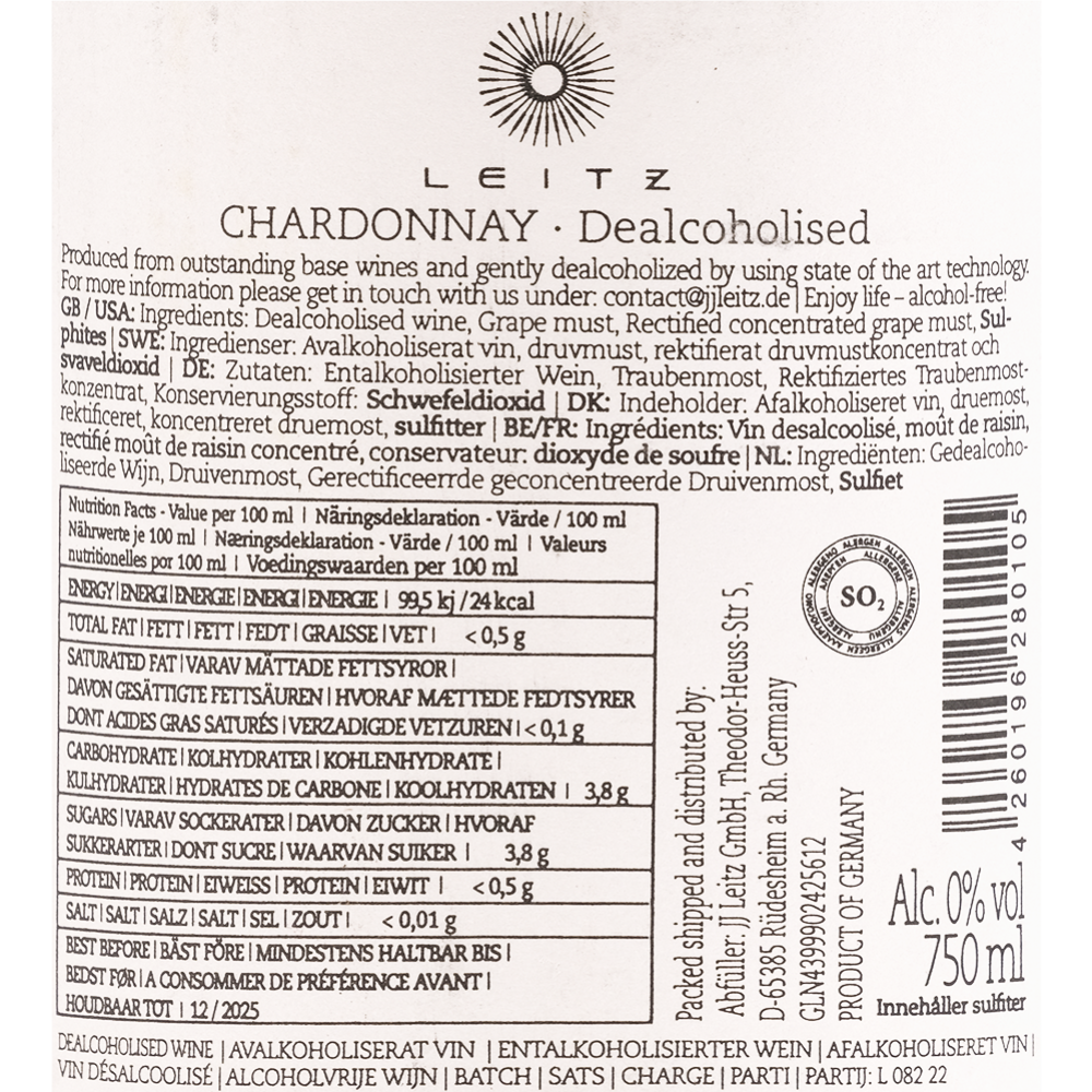 Вино безалкогольное «Leitz» Eins-Zwei-Zero Chardonnay, натуральное, белое, 0.75 л