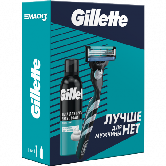 Подарочный набор бритва / станок для бритья мужской Gillette Mach 3 с одной кассетой + пена для бритья Sensitive Skin для чувствительной кожи 200 мл