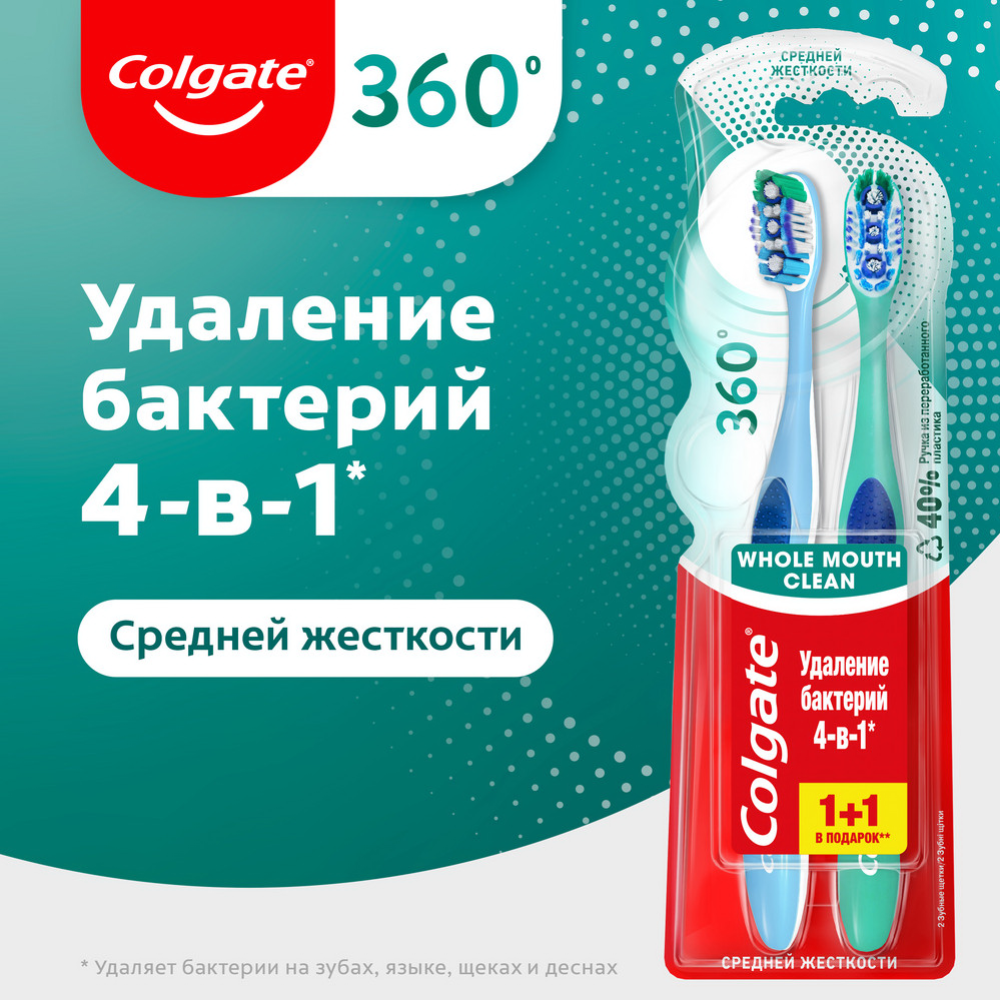 Картинка товара Зубная щетка «Colgate» 360 суперчистота, голубой/зеленый, 1+1 шт