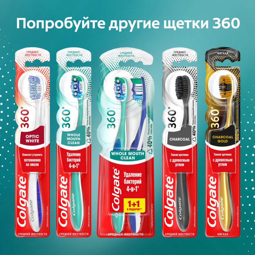 Зубная щетка «Colgate» 360 суперчистота, голубой/зеленый, 1+1 шт