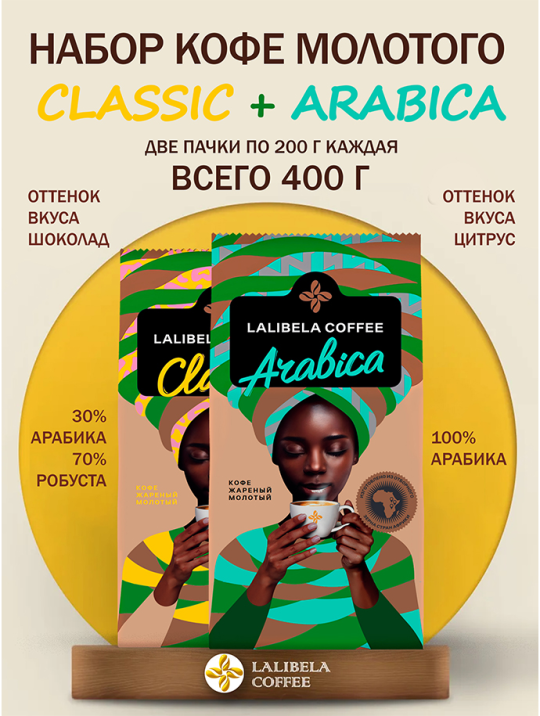 Кофе молотый набор LALIBELA COFFEE (LALIBELA COFFEE CLASSIC 200 гр + LALIBELA COFFEE ARABICA 200 гр) 400 гр