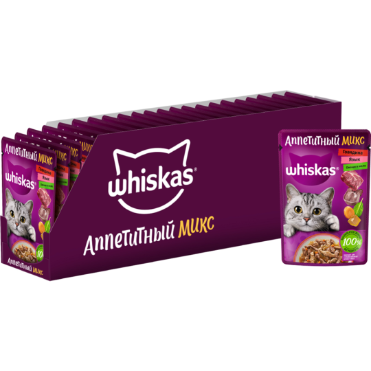 Корм для кошек «Whiskas» с говядиной, языком и овощами в желе, 75 г