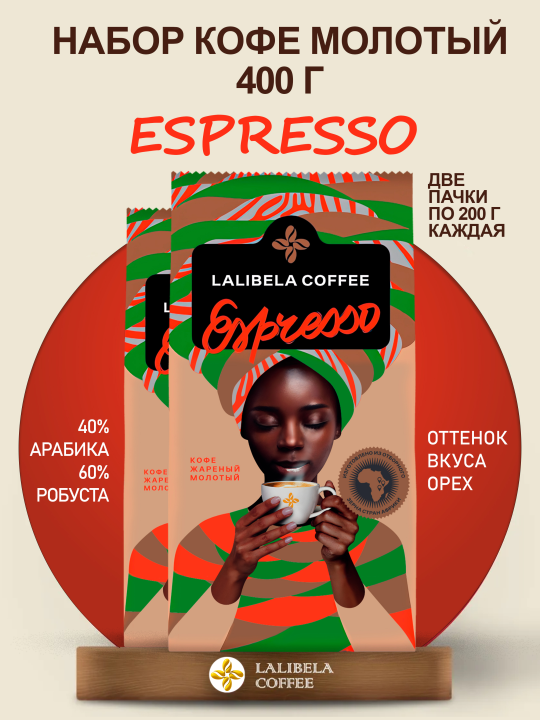 Кофе молотый набор LALIBELA COFFEE -(LALIBELA COFFEE ESPRESSO + LALIBELA COFFEE ESPRESSO) 400 гр